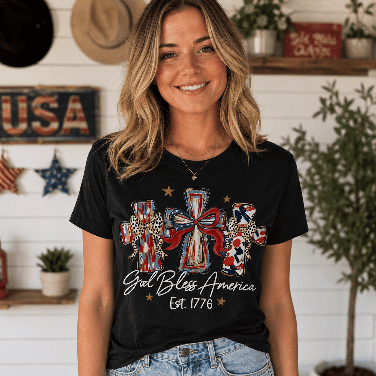 Women's God Bless America 250th Anniversary Patriotic Graphic T-Shirt