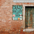 Funny Crazy Dog Lady Lives Here Metal Tin Sign Retro Teal Puppy Paw Wall Plaque