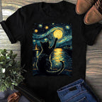 Starry Night Cat T-Shirt: Vincent Van Gogh Style, Black Cat Lover Gift TShirt