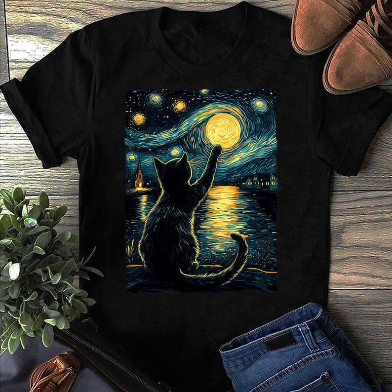 Starry Night Cat T-Shirt: Vincent Van Gogh Style, Black Cat Lover Gift TShirt