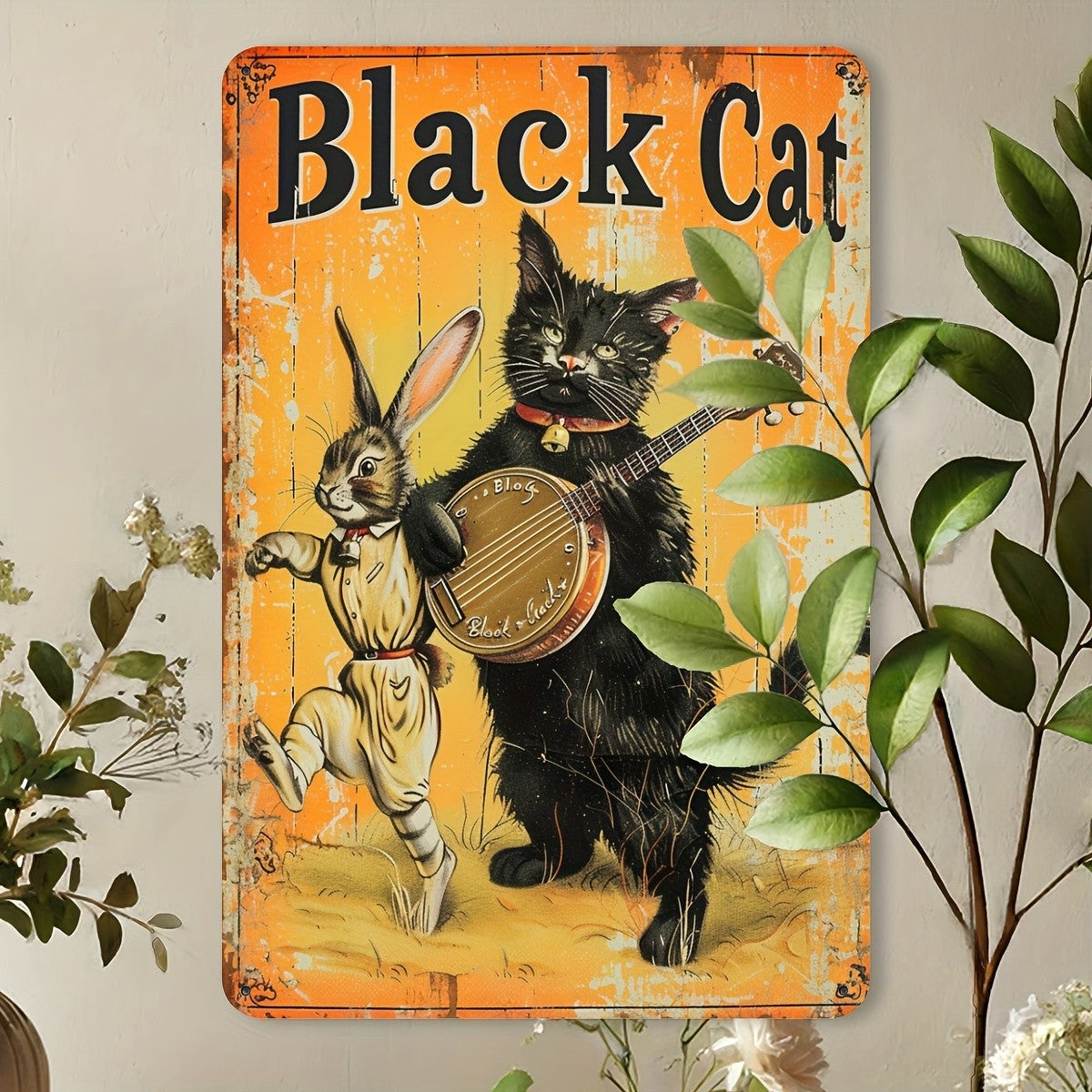 Vintage Animal Tin Sign - Banjo Playing Cat Metal Poster Wall Art Decor