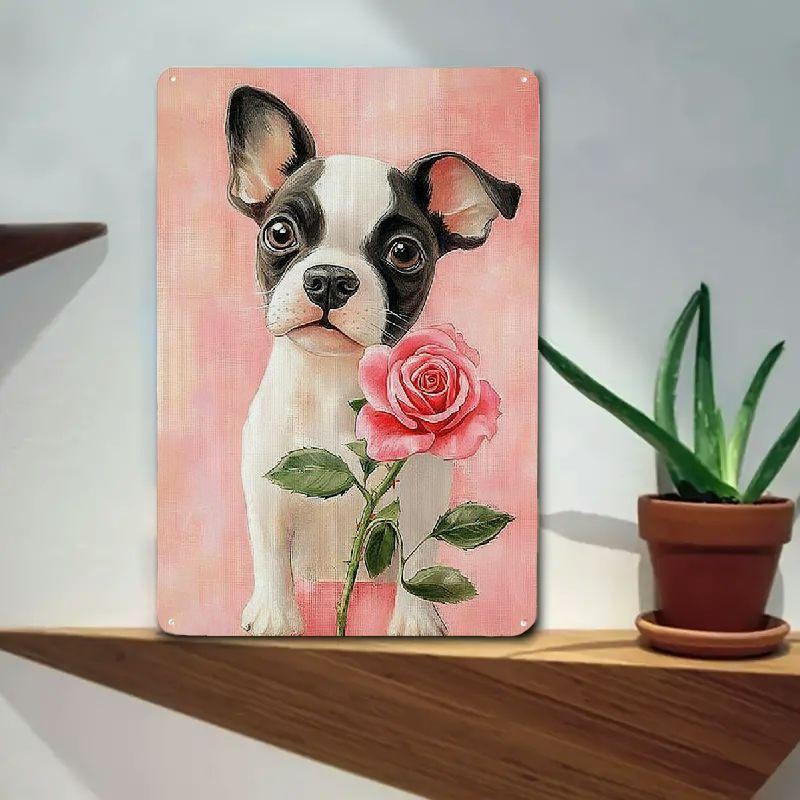 Cute Boston Terrier Metal Sign - Retro French Bulldog Pink Rose Tin Decor