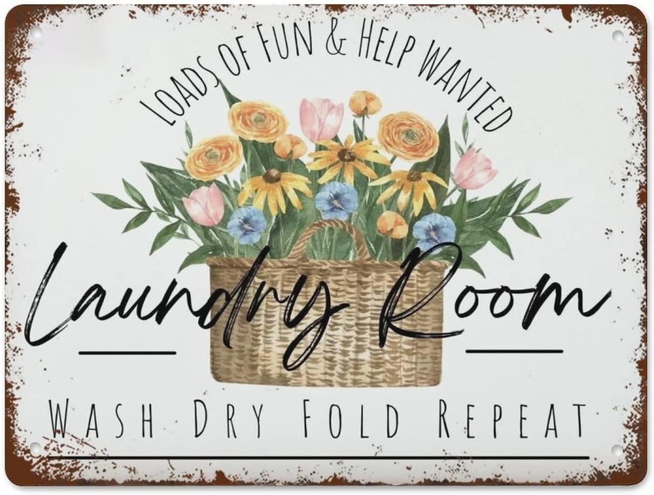 Farmhouse Laundry Room Tin Sign - Flower Basket Metal Poster Wall Art Decor