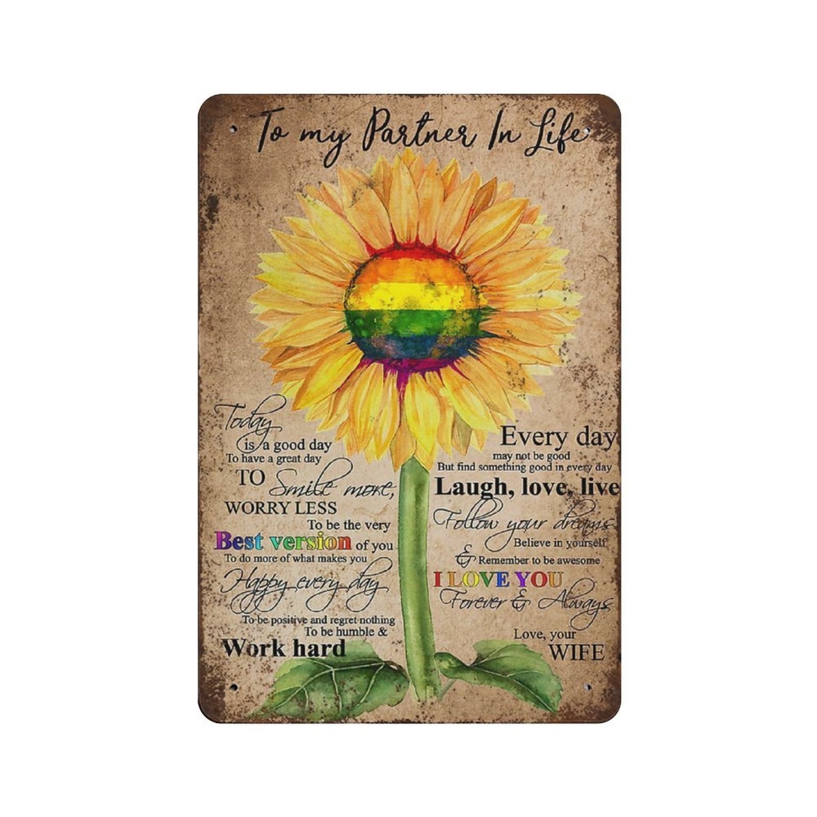 To My Partner In Life Metal Sign Vintage Rainbow Sunflower Wife Gift Decor