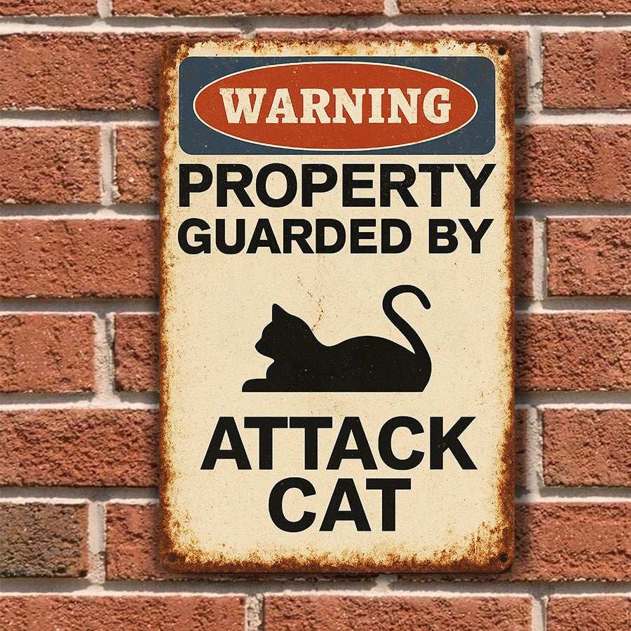 Funny Attack Cat Metal Sign Vintage Security Warning Notice Fence Gate Wall Art