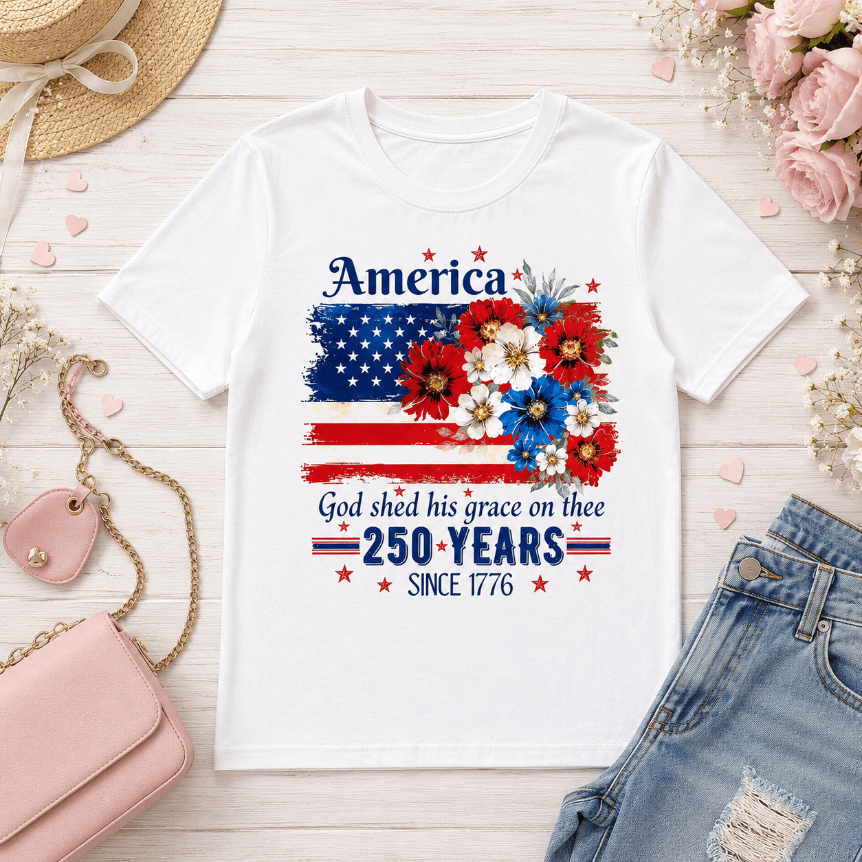 Women's 250th Anniversary American Flag Floral Patriotic Graphic T-Shirt