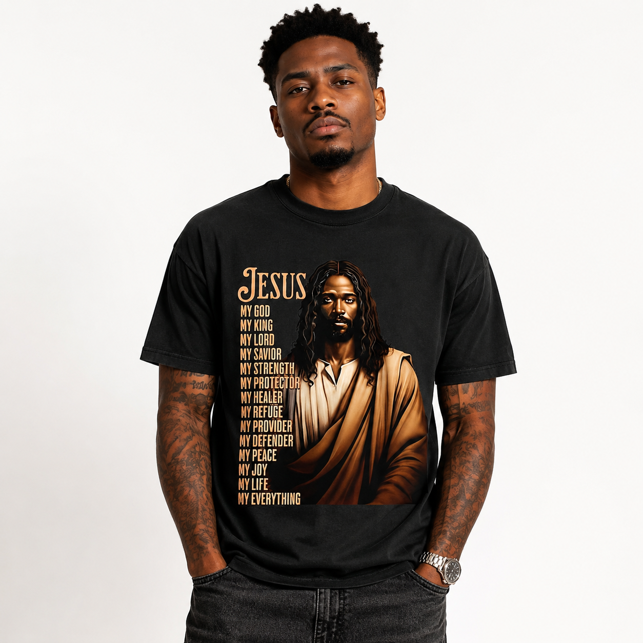 Christian Jesus Long Hair Religious Graphic Men’s T-Shirt Faith Vintage Art Tee