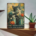 "Easily Distracted by Cats and Garden" Metal Sign - Cute Kitten Tin Wall Art