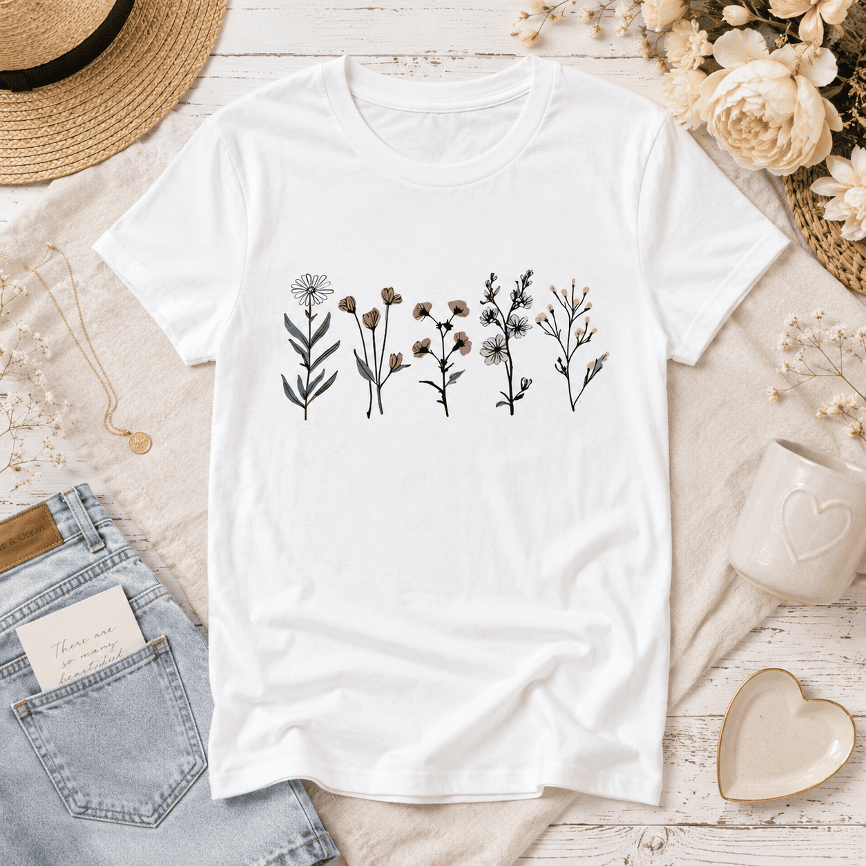 Minimalist Wildflower Garden T-Shirt | Delicate Floral Line Art Graphic Tee