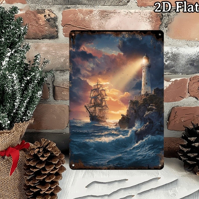 Lighthouse & Ship Metal Sign - Nautical Ocean Wall Art Tin Decor Plaque