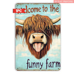 "Welcome to the Funny Farm" Metal Sign - Highland Cow Tin Wall Art Decor