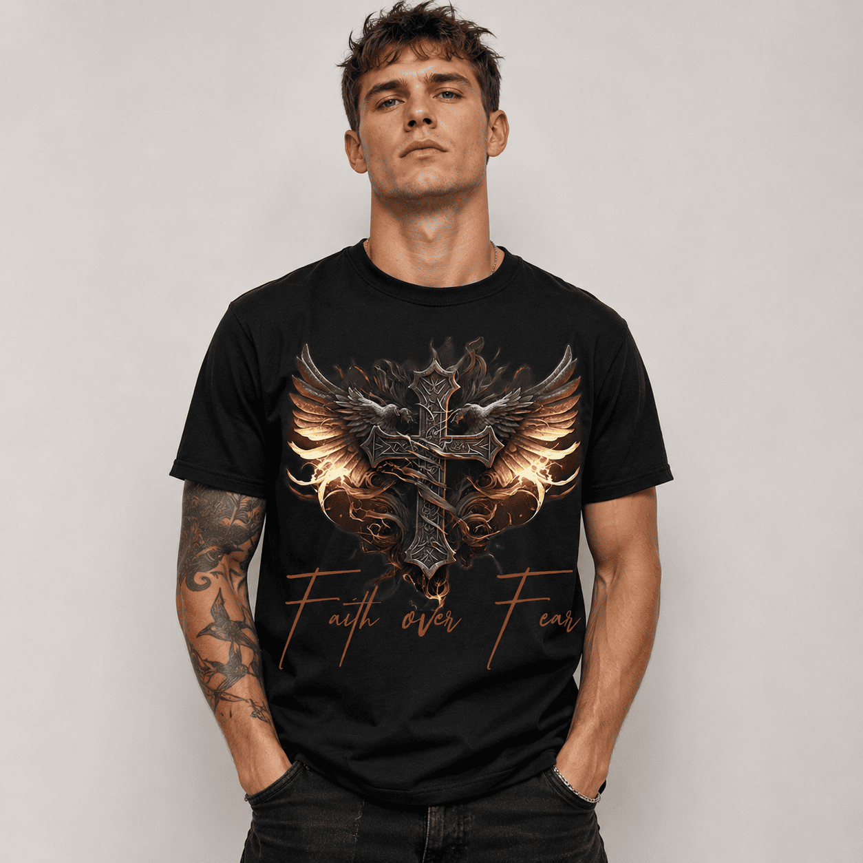 Faith Over Fear Cross T-Shirt | Gothic Winged Celtic Cross Graphic Tee