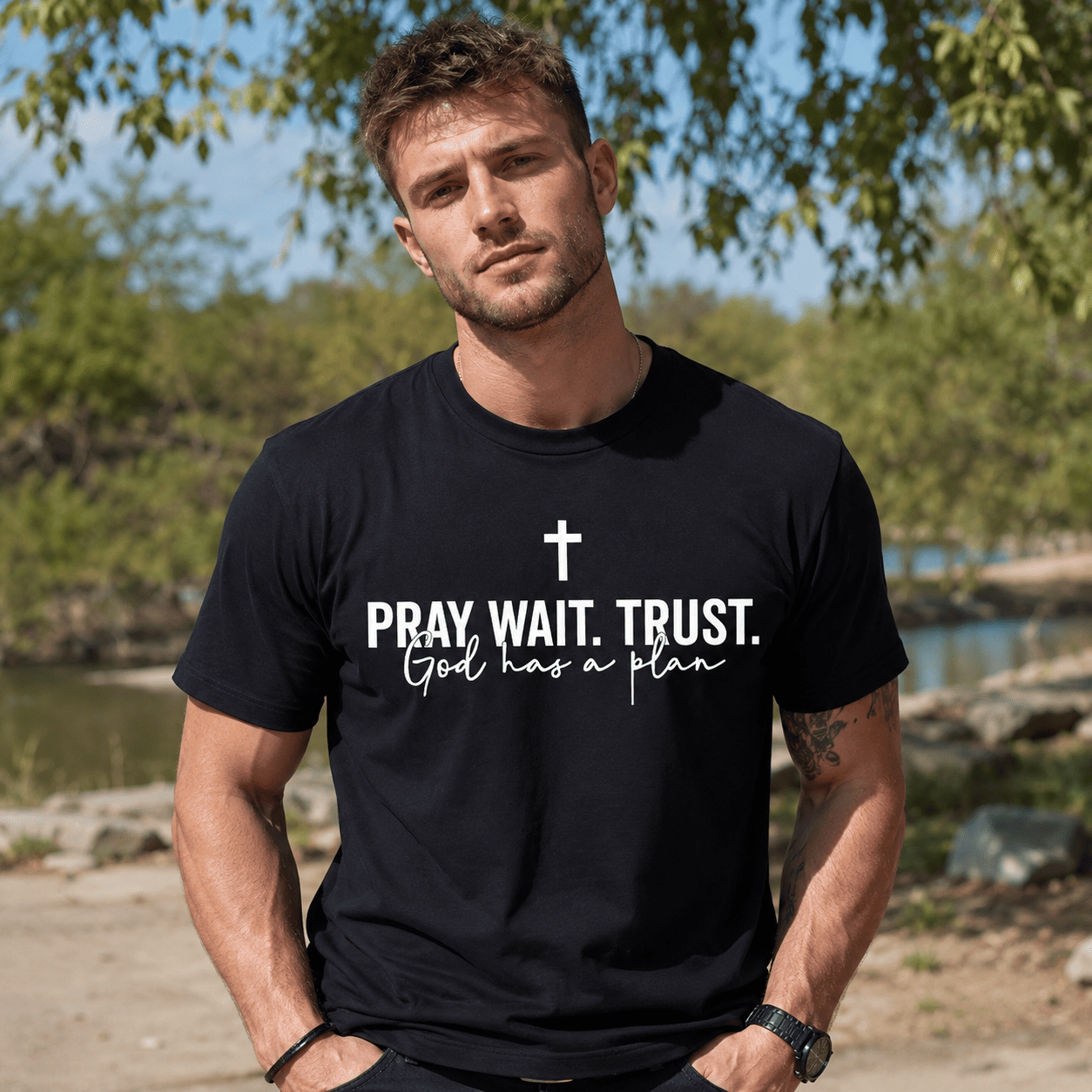 Pray Wait Trust T Shirt God Has A Plan Christian Faith Graphic Casual Tee