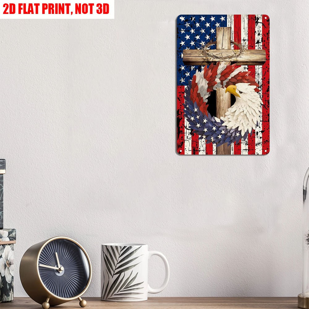 Religious American Tin Sign - Eagle Wreath Cross Metal Poster Wall Art Decor