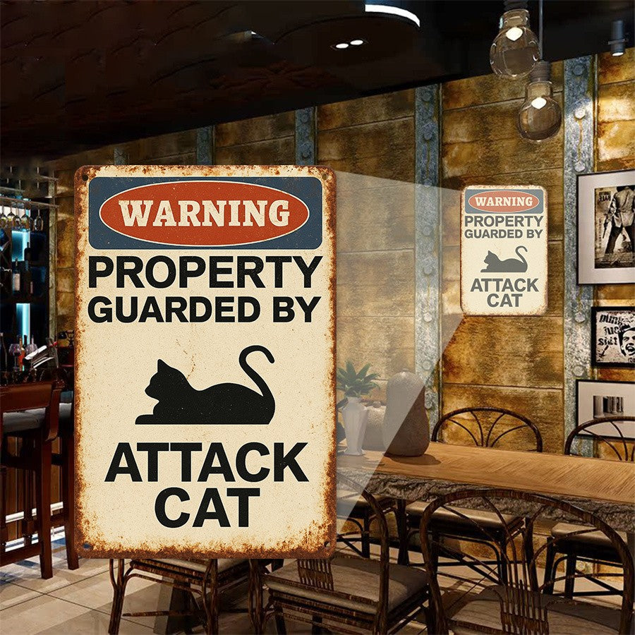 Funny Attack Cat Metal Sign Vintage Security Warning Notice Fence Gate Wall Art
