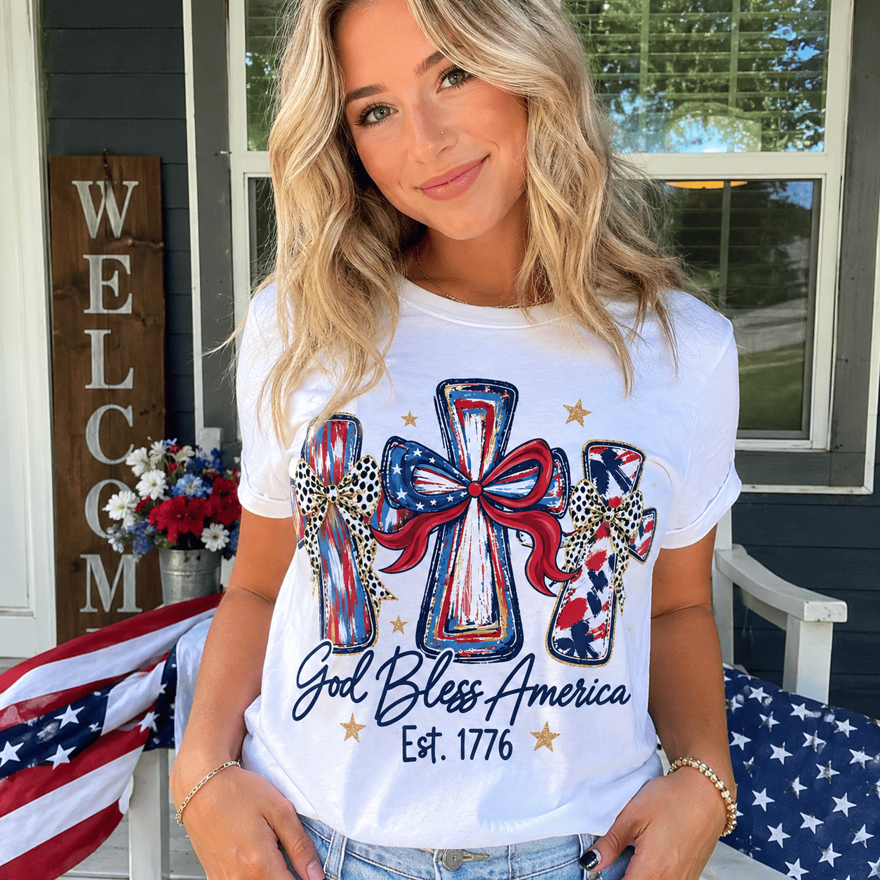 Women's God Bless America 250th Anniversary Patriotic Graphic T-Shirt