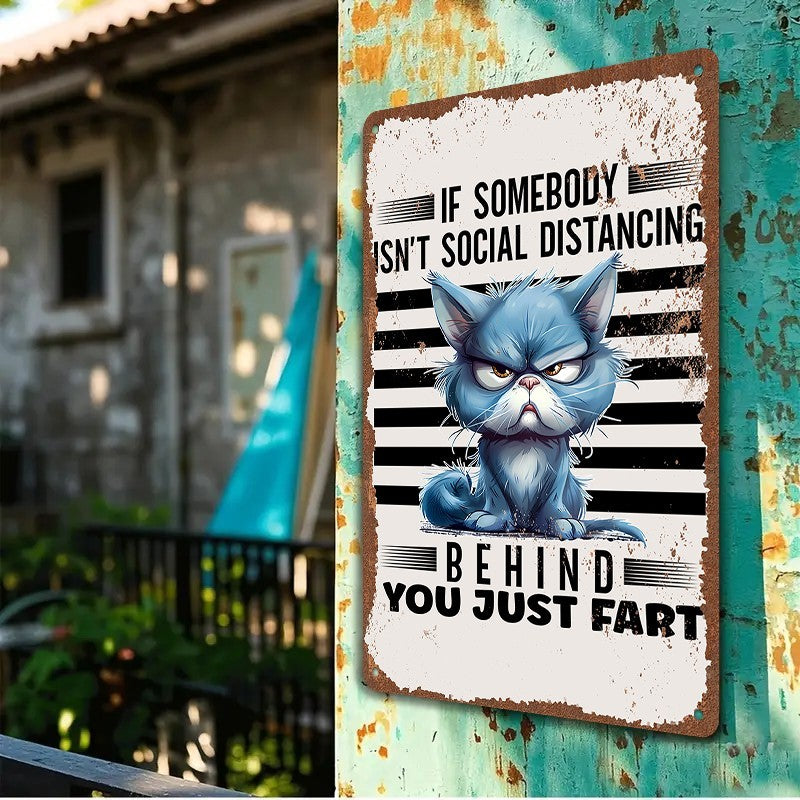 Funny Grumpy Cat Social Distancing Metal Sign - Retro Humorous Tin Decor