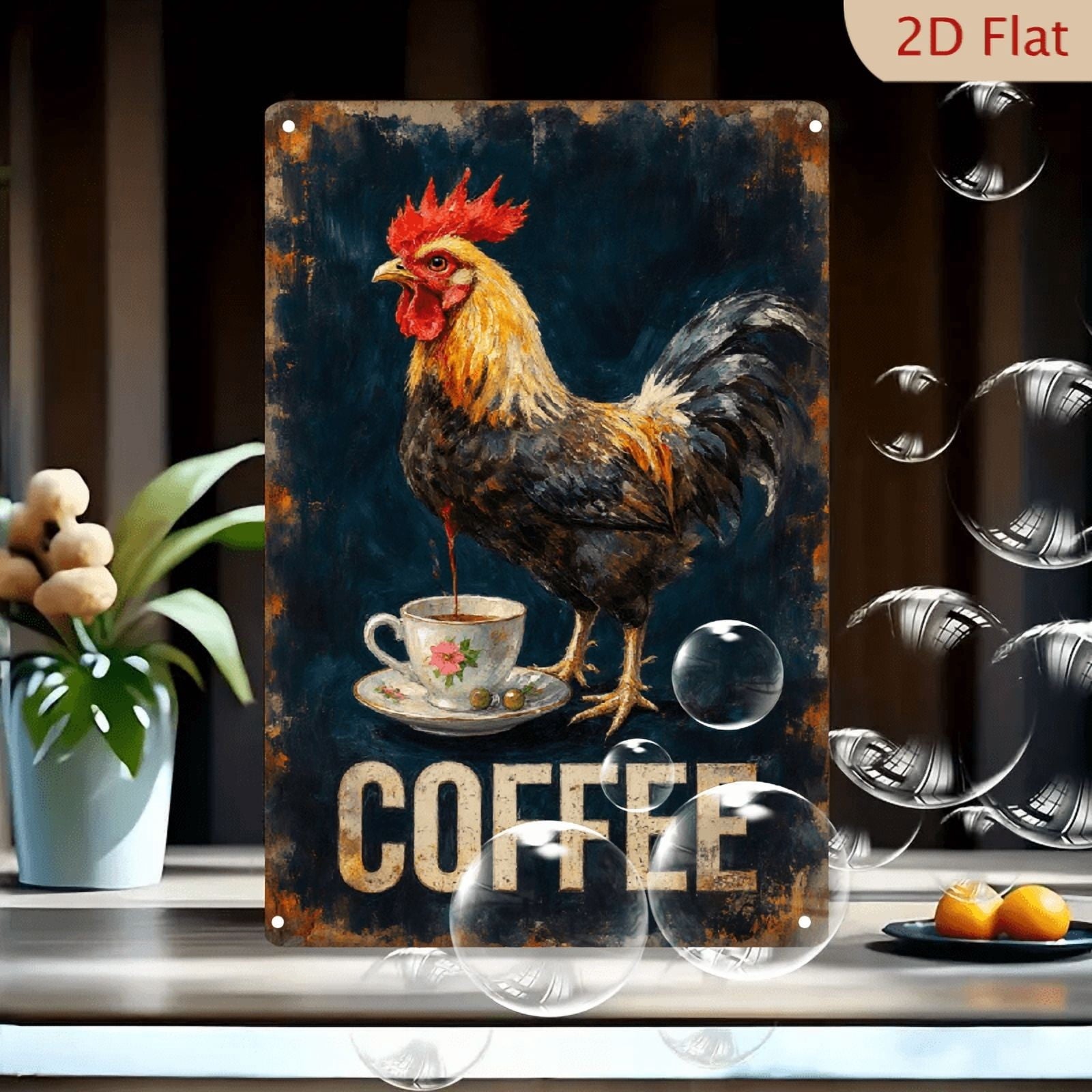 Vintage Rooster Coffee Metal Sign Retro Farmhouse Kitchen Cafe Bar Wall Decor