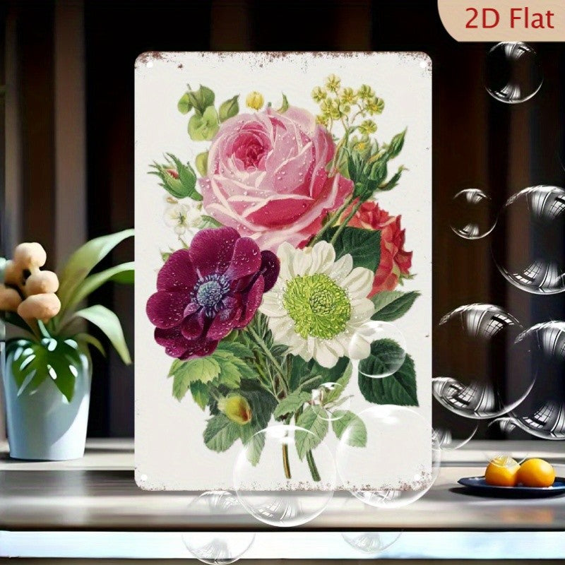 Rustic Botanical Rose Metal Sign - Retro Floral Bouquet Tin Wall Decor