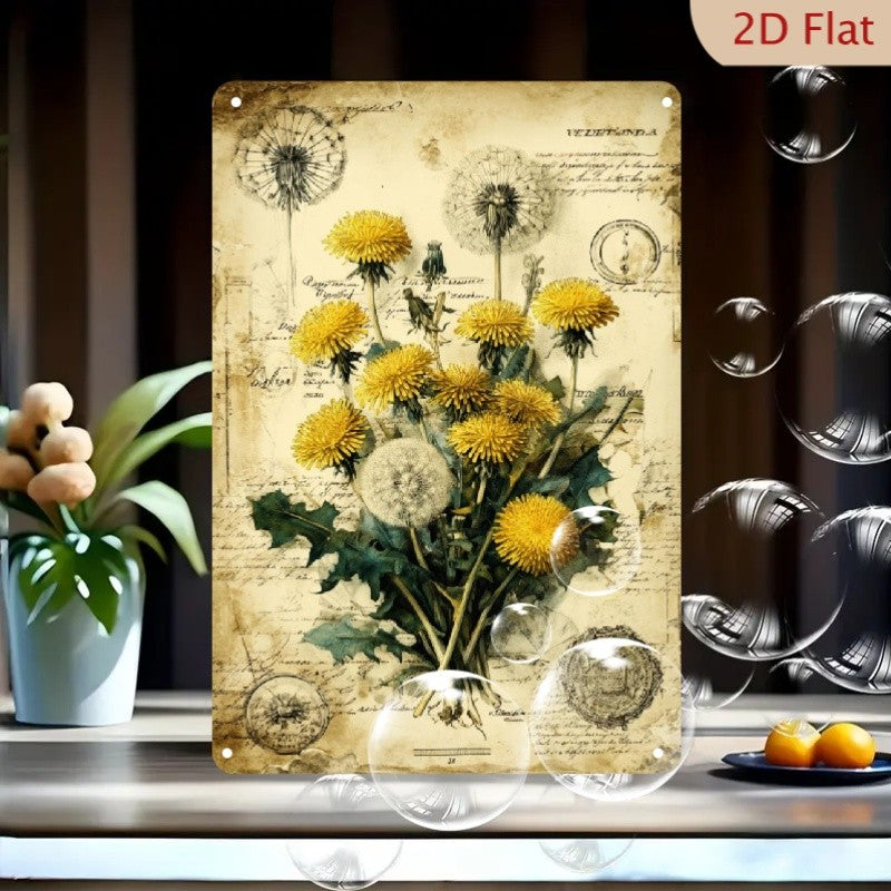 Rustic Dandelion Botanical Metal Sign Yellow Wildflower Cottagecore Decor