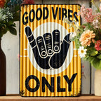 Good Vibes Only Shaka Hand Metal Tin Sign Retro Yellow Tiki Bar Wall Decor