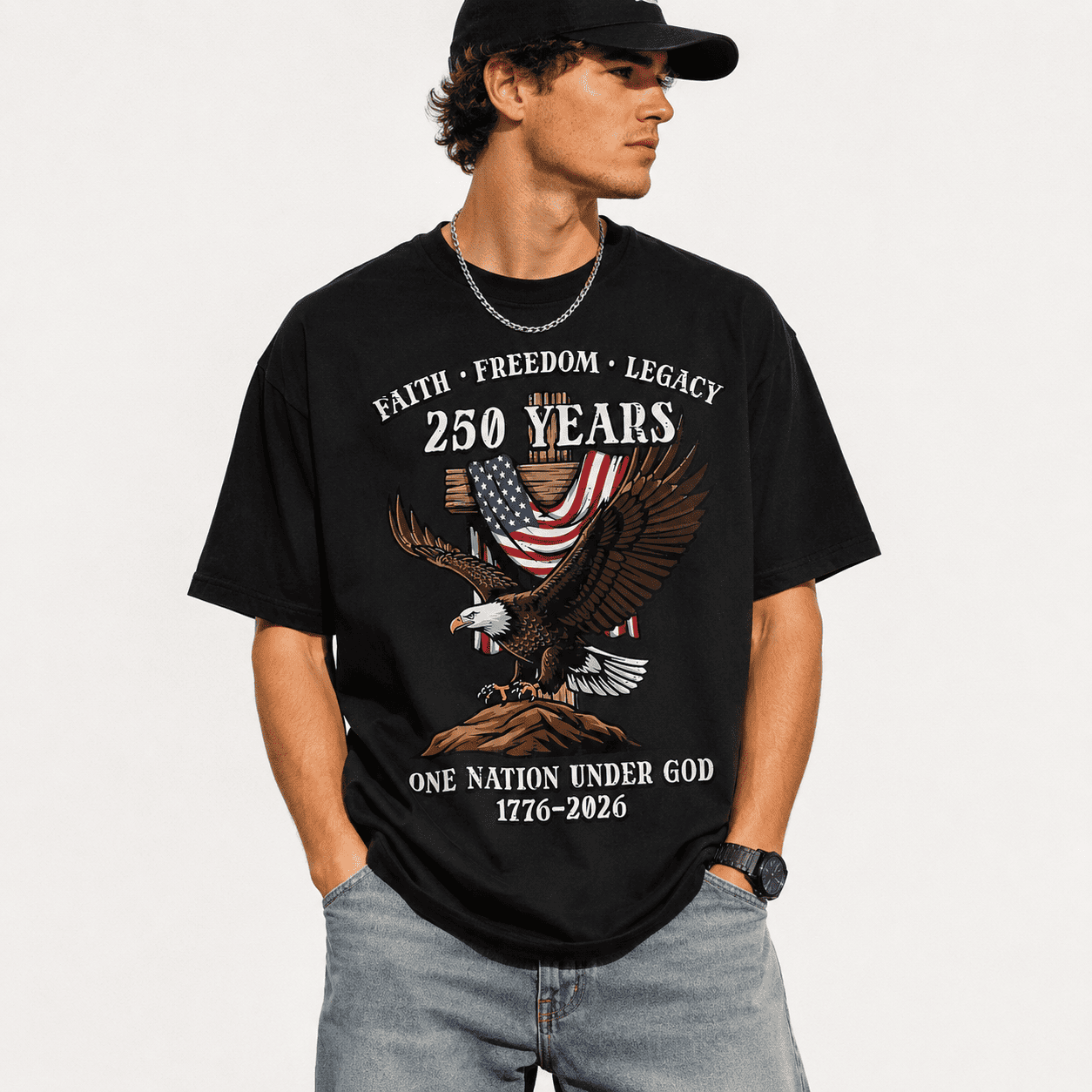 USA 250 Years Faith Freedom Legacy Eagle Patriotic Graphic T Shirt Tee