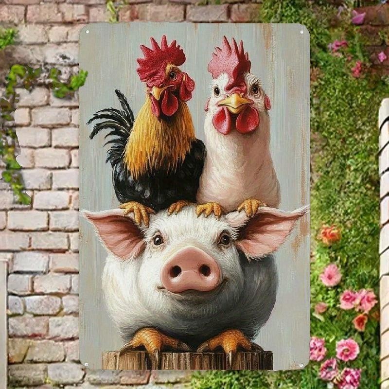 Vintage Rooster Chicken Pig Metal Sign - Retro Stacked Farm Animal Tin Decor