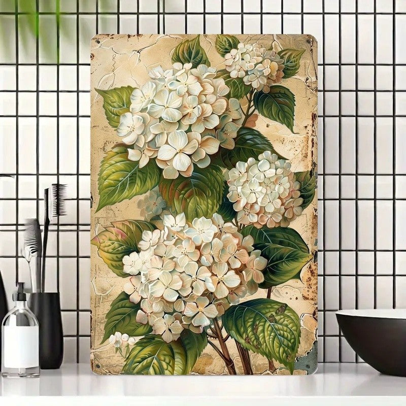 White Hydrangea Metal Sign - Vintage Botanical Tin Wall Art Decor Plaque