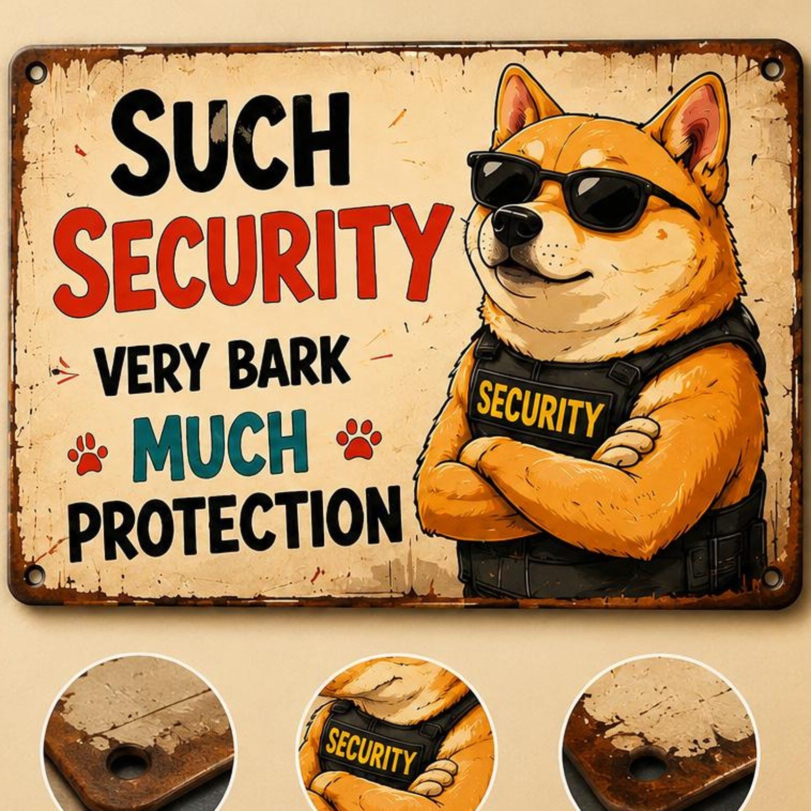 Shiba Inu Security Metal Sign – Funny Dog Meme Wall Art (Vintage Style)