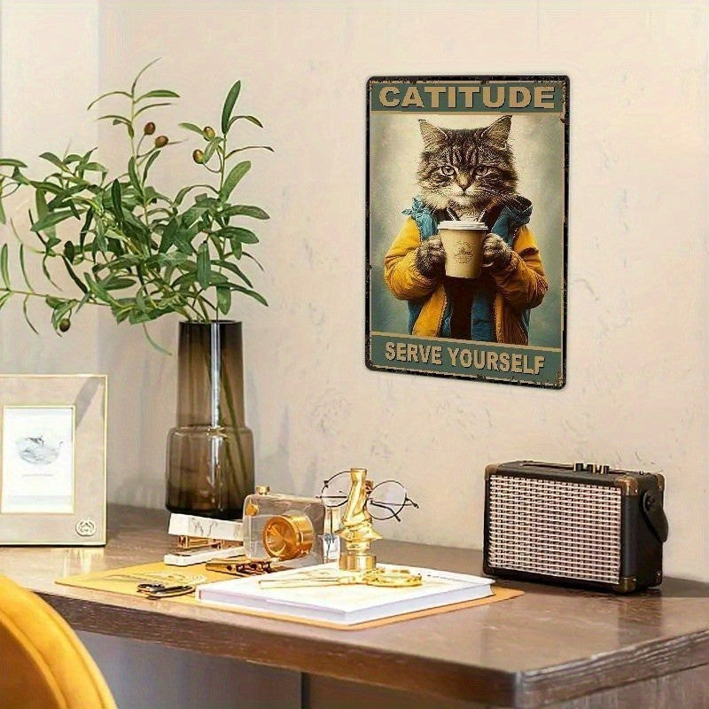 Funny Cat Metal Sign - "Catitude" Coffee Lover Tin Wall Decor Plaque