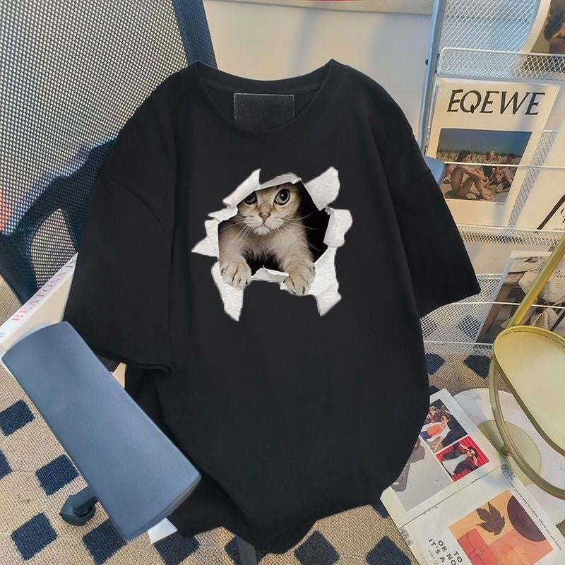 Cute Cat Graphic Tee Kitten Peek Hole Funny T-Shirt Casual Cotton Shirt