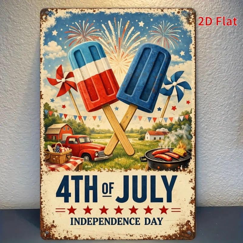 Independence Day Tin Sign - American BBQ Popsicle Metal Poster Wall Art Decor