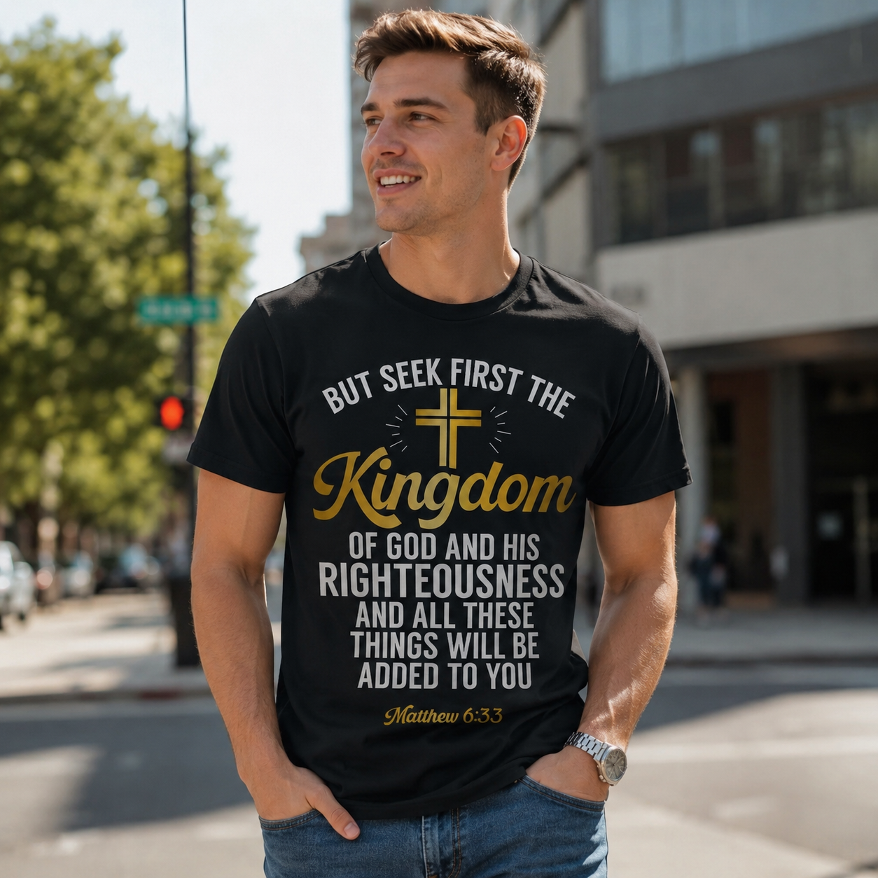 Seek First Kingdom God T Shirt Matthew 6 33 Christian Cross Faith Tee