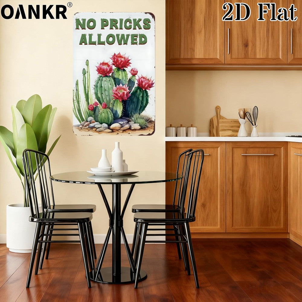 No Pricks Allowed Tin Sign - Humorous Retro Botanical Cactus Metal Poster