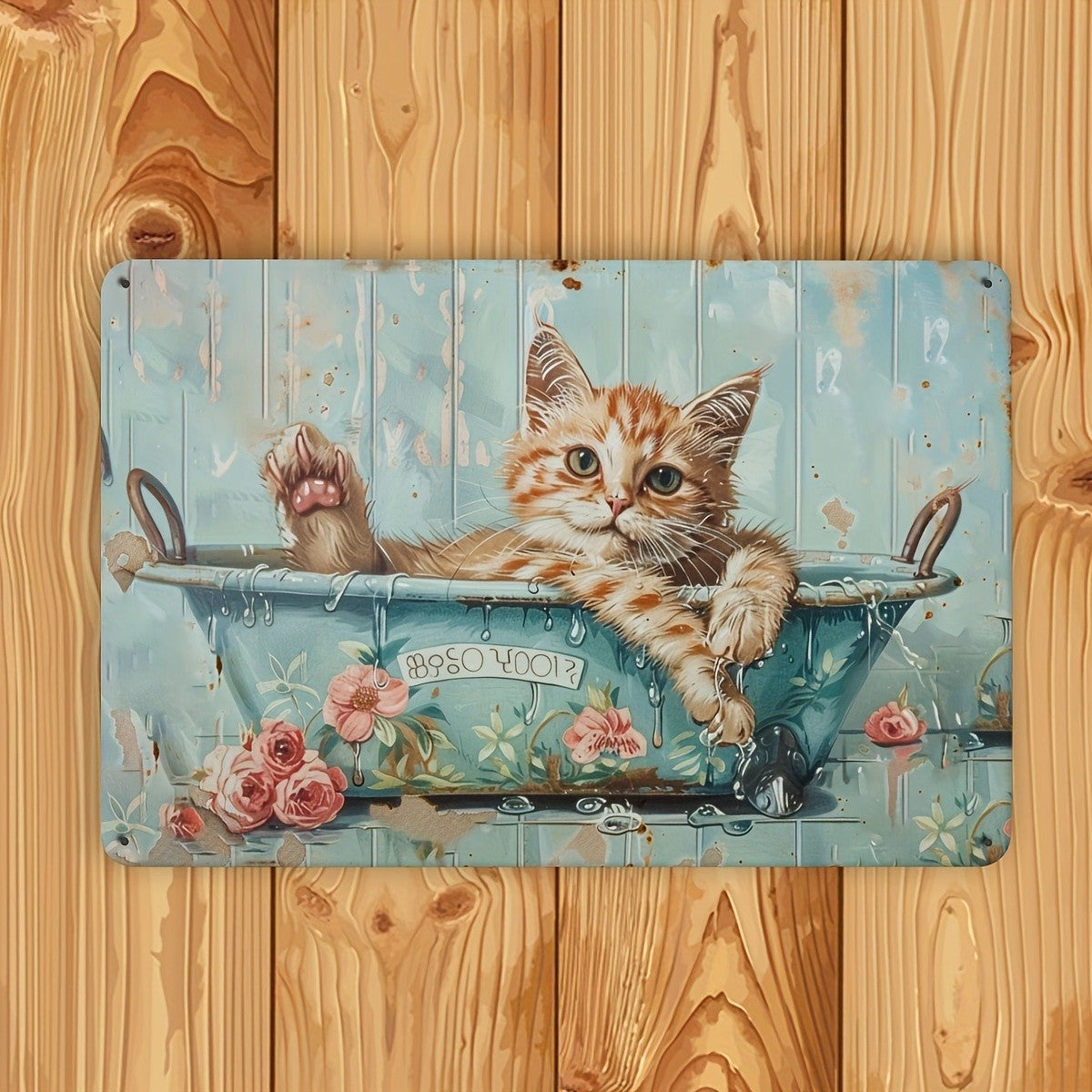 Bathing Cat Metal Sign - Cute Kitten In Tub Tin Wall Art Decor Plaque