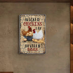 Funny Chicken Metal Sign - "Wicked Chickens" Deviled Eggs Tin Wall Decor