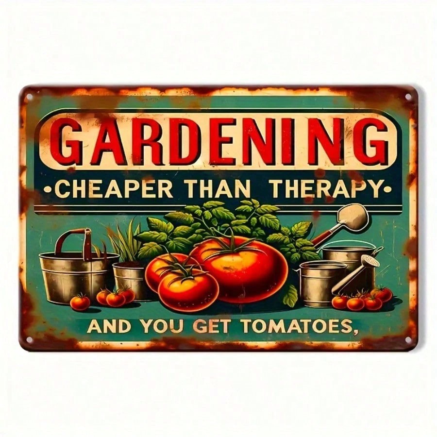 Gardening Cheaper Than Therapy Metal Tin Sign - Funny Tomato Plant Wall Decor