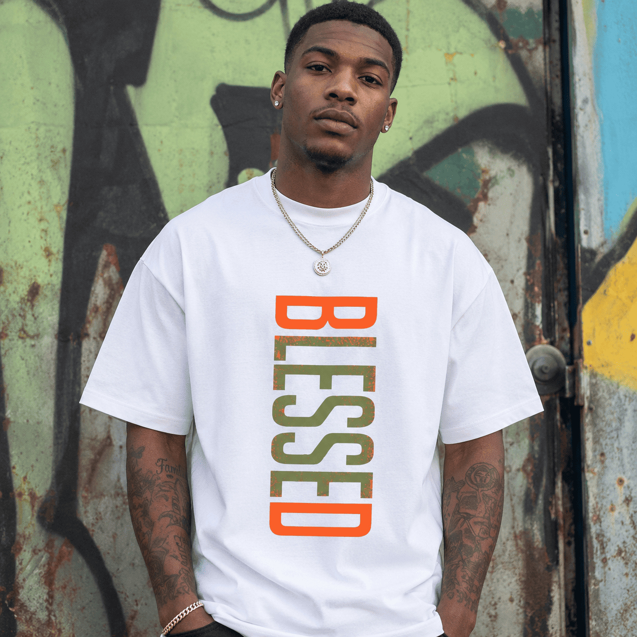 Blessed Shirt Vertical Text Graphic Tee Men Streetwear Casual T-Shirt