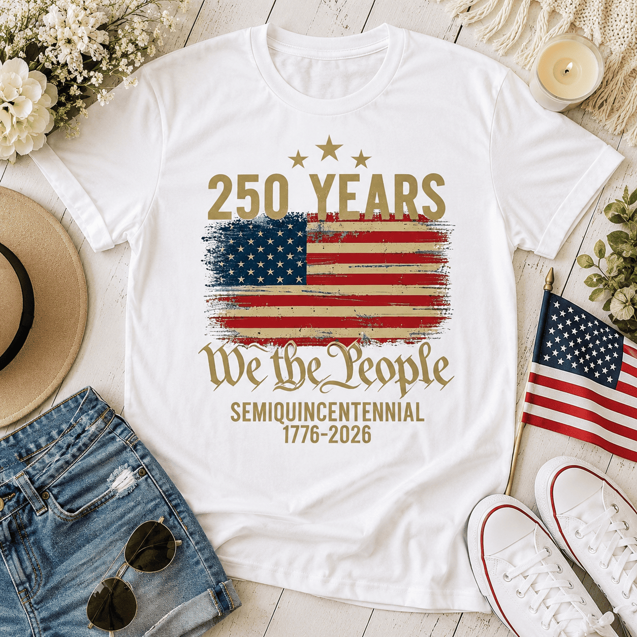 Women's Retro USA 250th Anniversary Flag Patriotic 4th of July T-Shirt