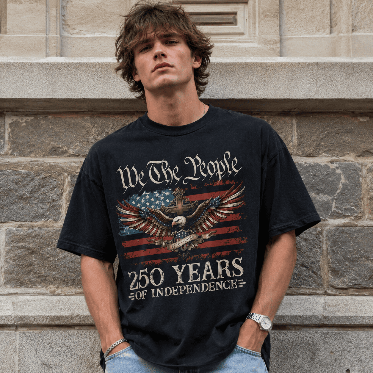USA 250 Years 1776-2026 American Flag July 4th Patriotic Men's T-Shirt