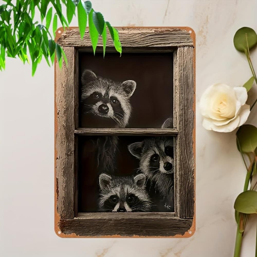Whimsical Raccoon Window Metal Sign - Cute Farmhouse Animal Tin Wall Decor