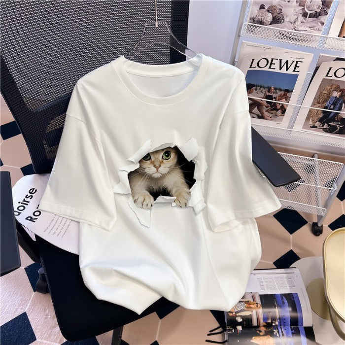Cute Cat Graphic Tee Kitten Peek Hole Funny T-Shirt Casual Cotton Shirt