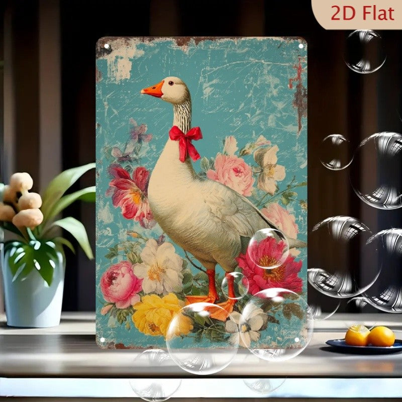Floral Goose Metal Sign - Vintage Style Country Tin Wall Art Plaque
