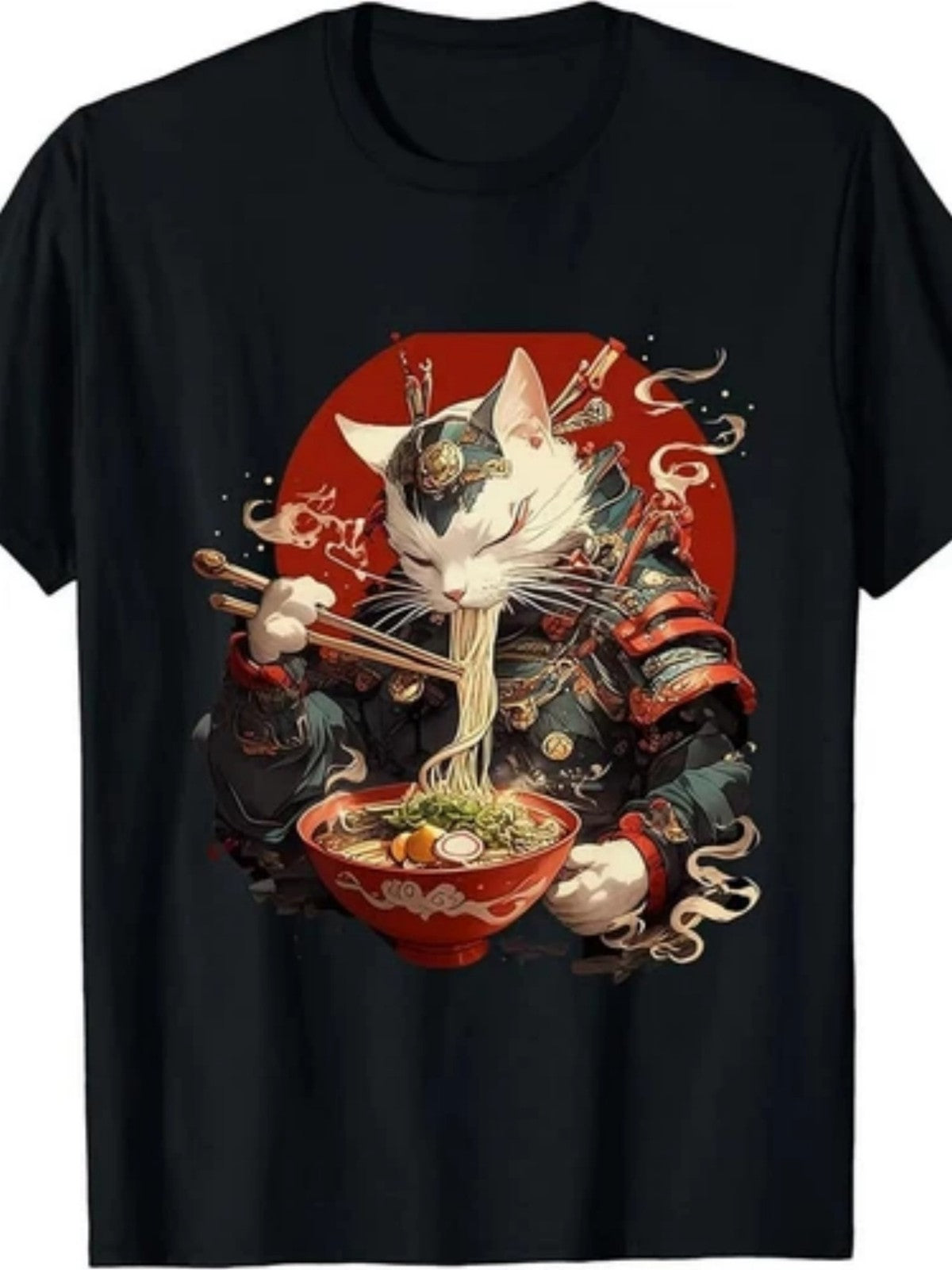 Japanese Ramen Cat Ninja Samurai Graphic T-Shirt Ukiyo-e Anime Tee