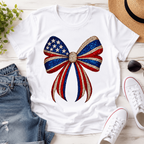 Patriotic Sequin Bow Graphic Tee - USA Flag Coquette Aesthetic T-Shirt