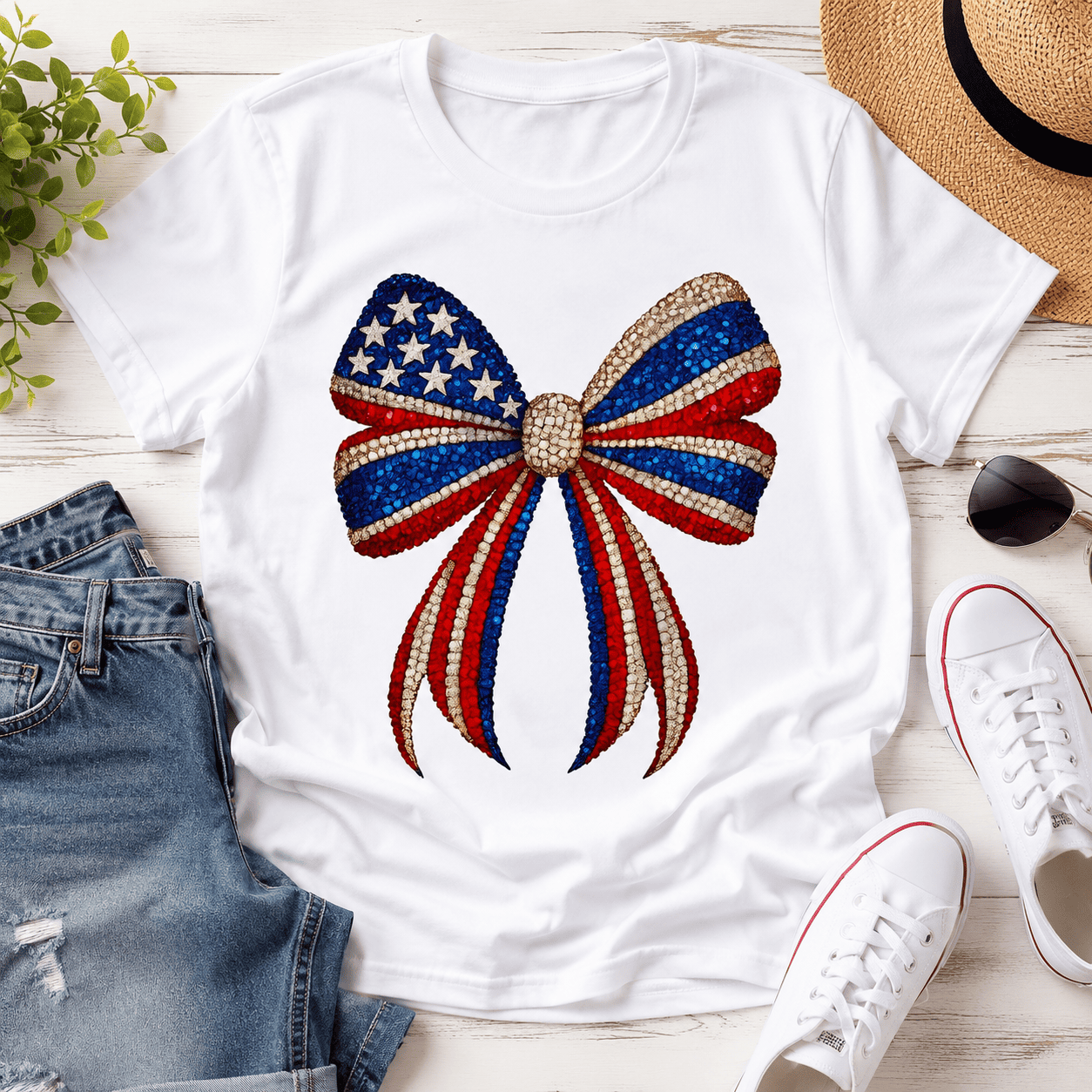 Patriotic Sequin Bow Graphic Tee - USA Flag Coquette Aesthetic T-Shirt