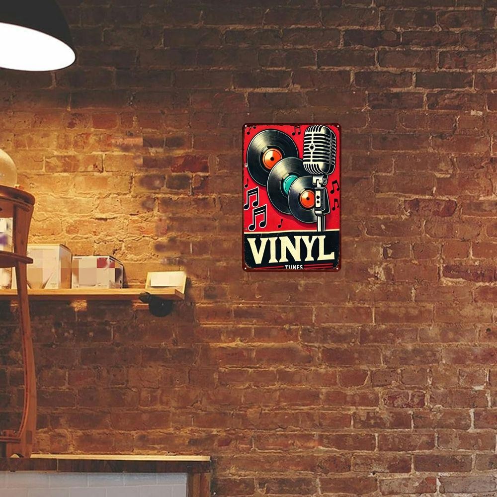 Rustic Vinyl Records Tin Sign - Microphone Metal Poster Wall Art Decor