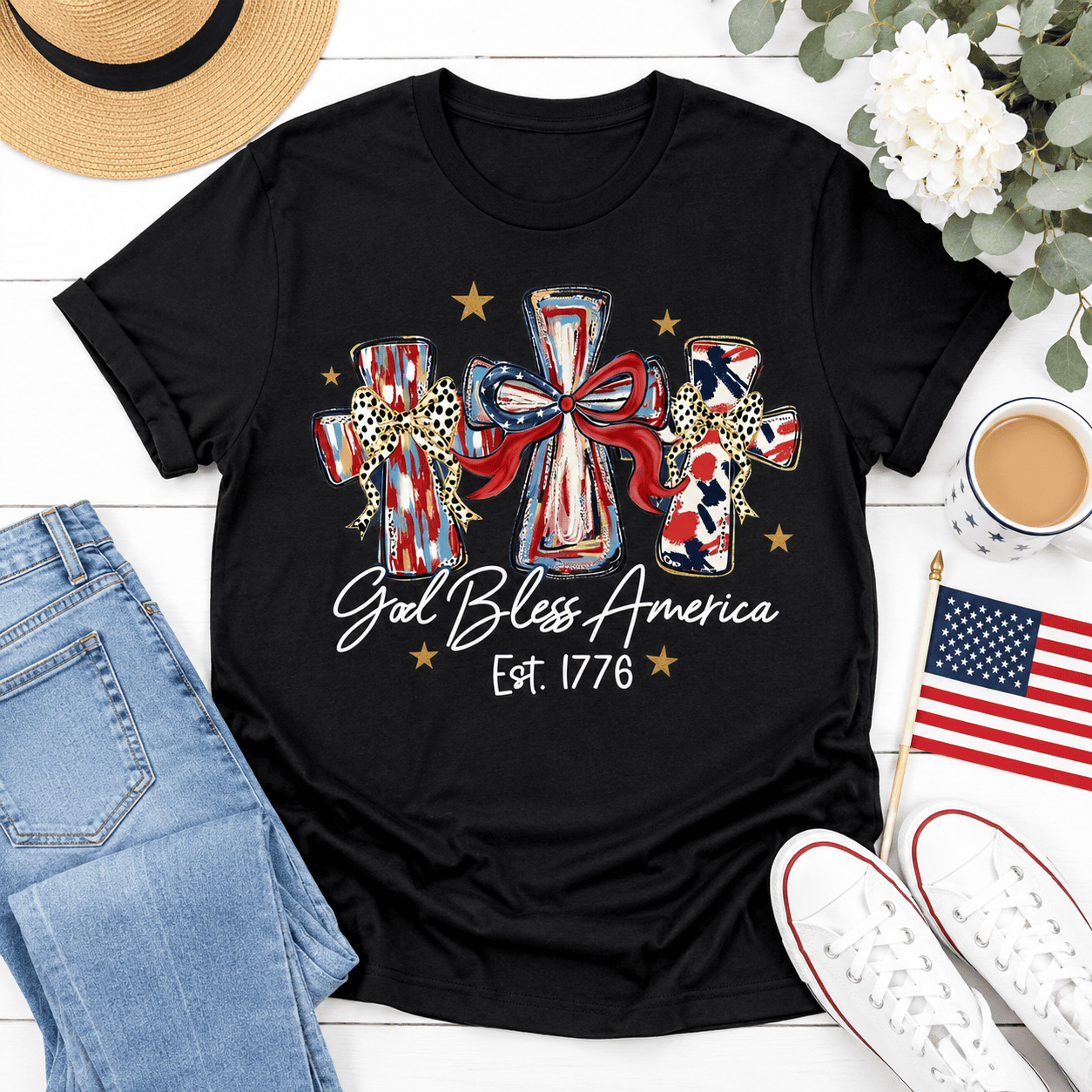 Women's God Bless America 250th Anniversary Patriotic Graphic T-Shirt
