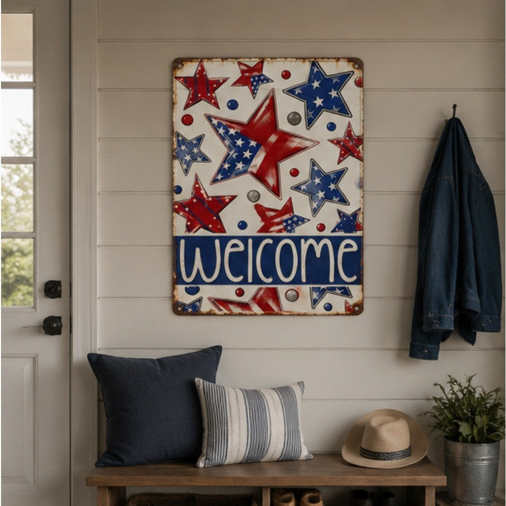 Americana Welcome Tin Sign - Rustic Red White and Blue Star Metal Wall Decor