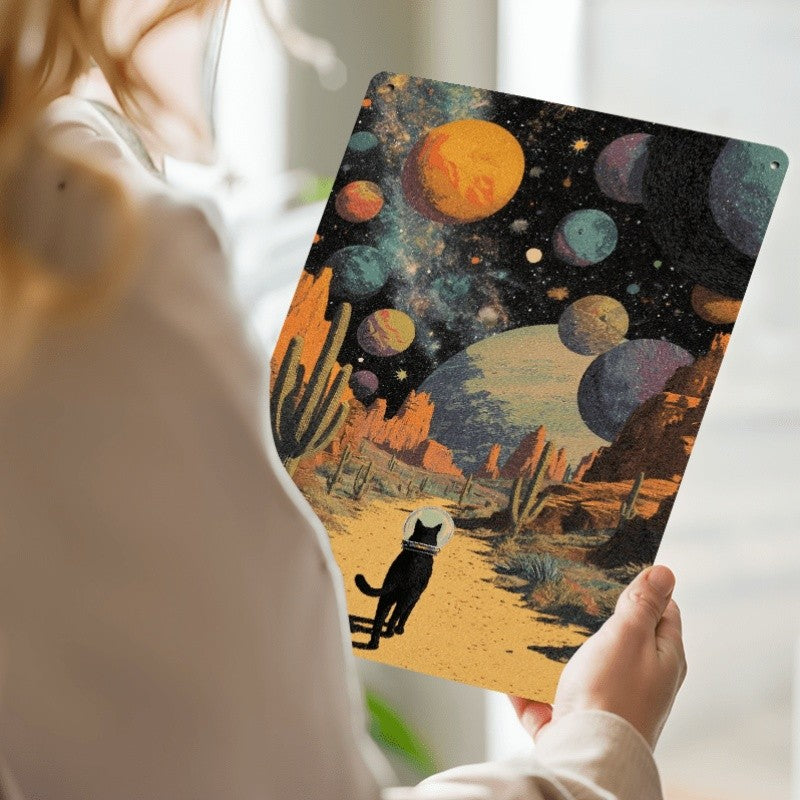 Astronaut Cat Metal Sign - Surreal Space Desert Tin Wall Art Decor Plaque